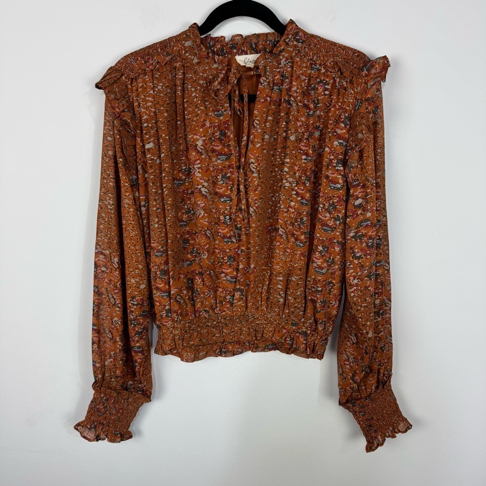 Elan Boho Ruffle Long Sleeve Rust Orange Blouse Top Bohemian